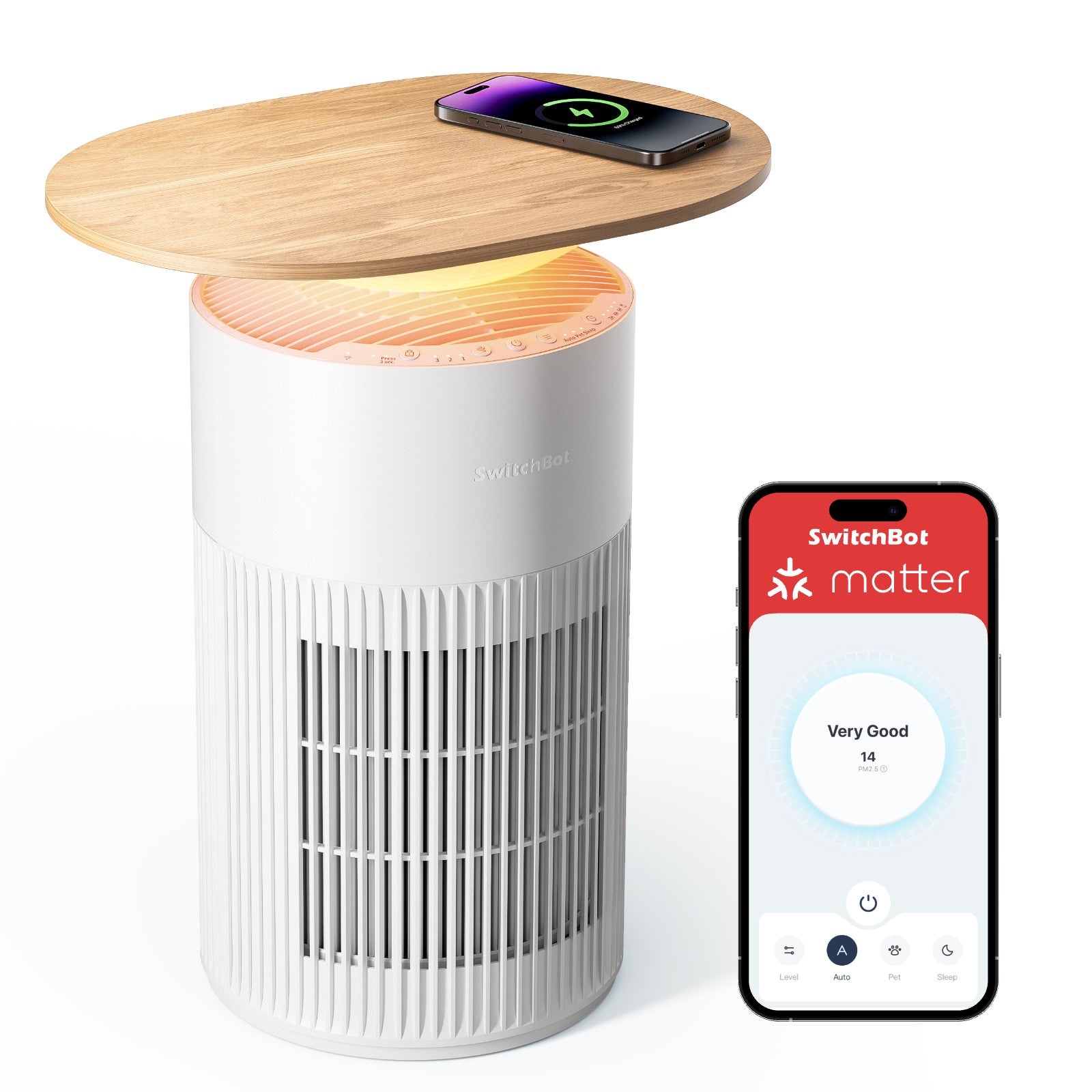 SwitchBot Air Purifier Table shown in the original merchant product photo. Any phone or app interface shown illustrates control; a phone is not included.