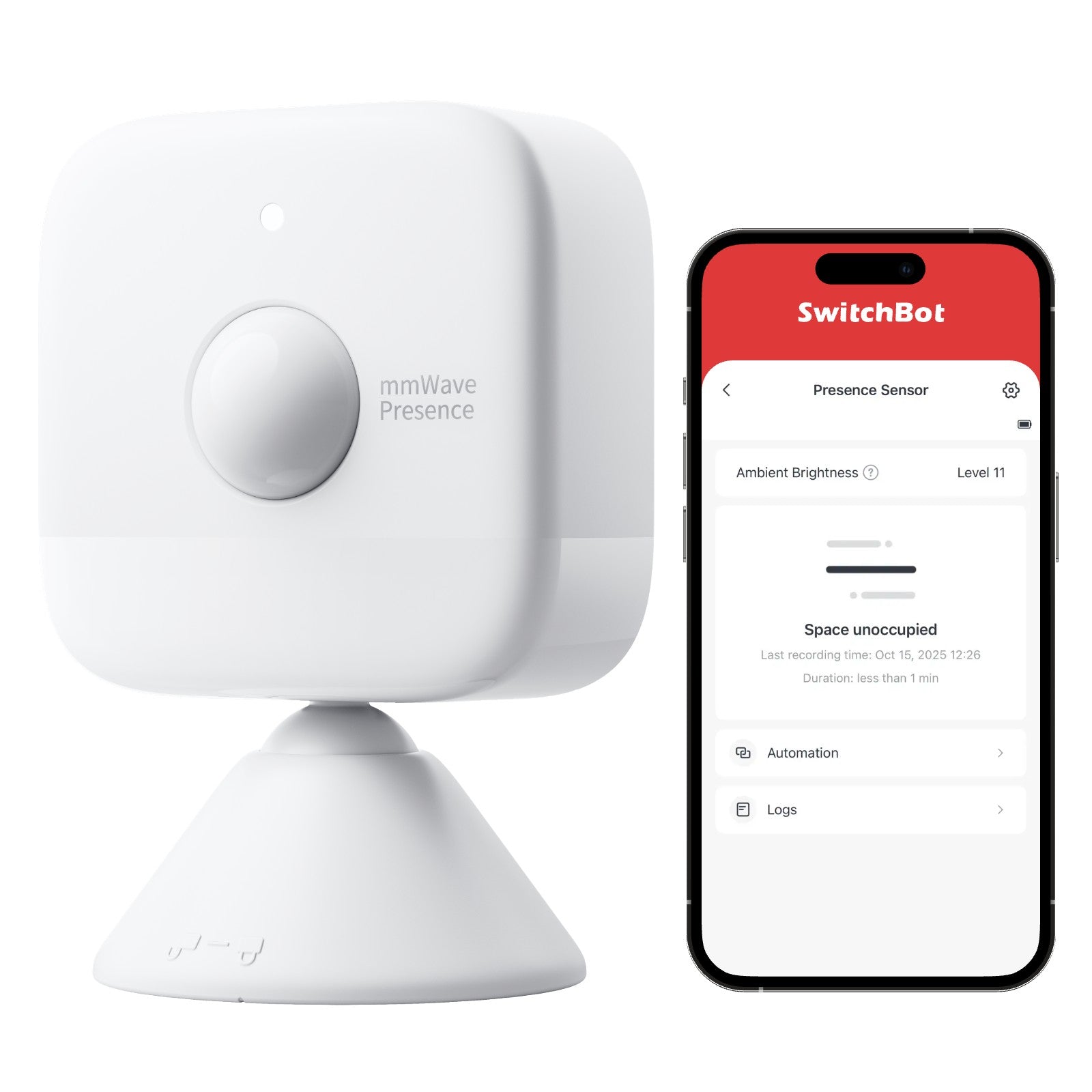 SwitchBot mmWave Presence Sensor shown in the original merchant product photo. Any phone or app interface shown illustrates control; a phone is not included.