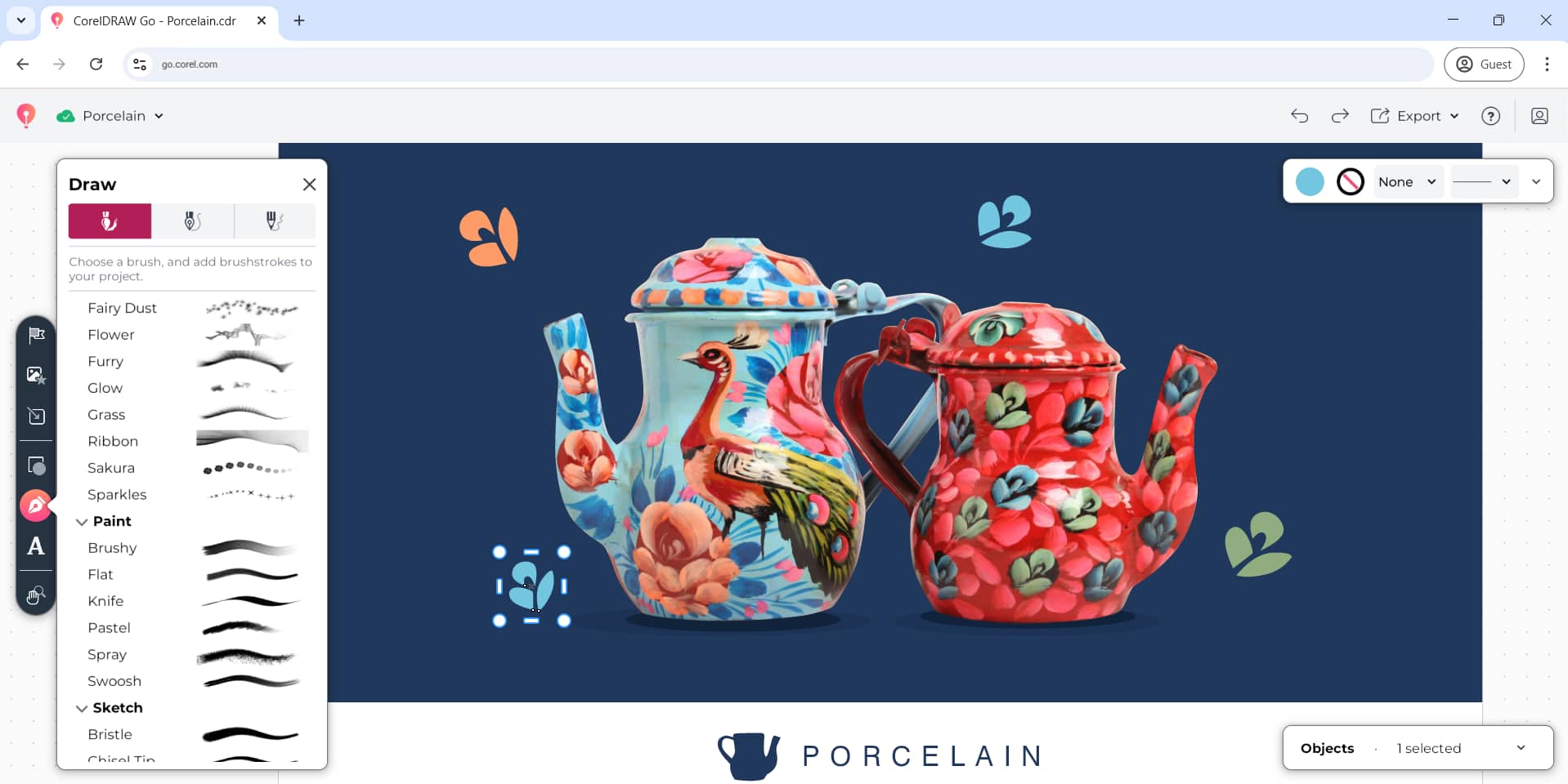 CorelDRAW Go browser workspace with drawing tools and a porcelain design project