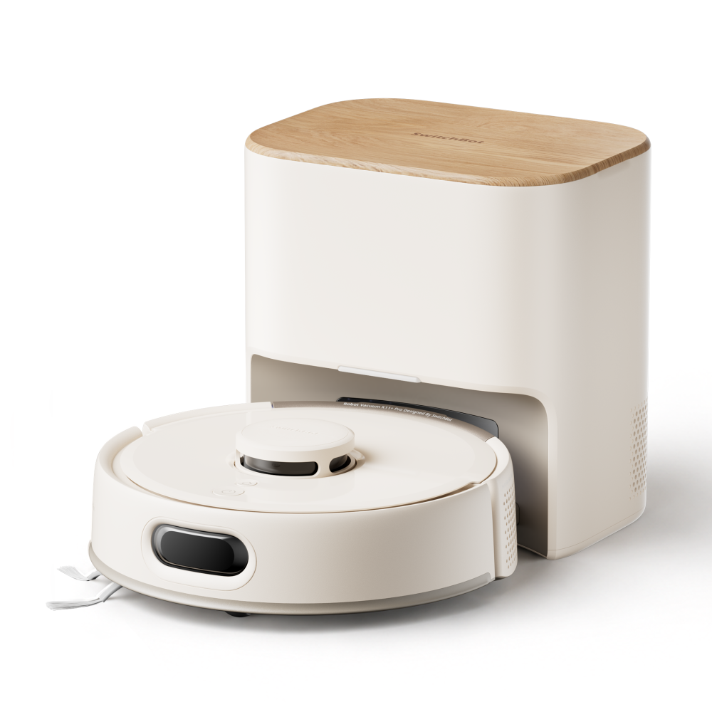 White SwitchBot K11+ Pro robot vacuum with its station
