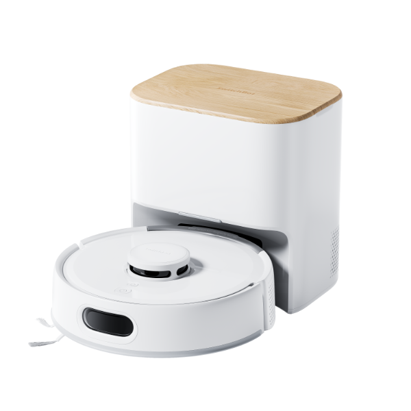 White SwitchBot K11+ robot vacuum with its station