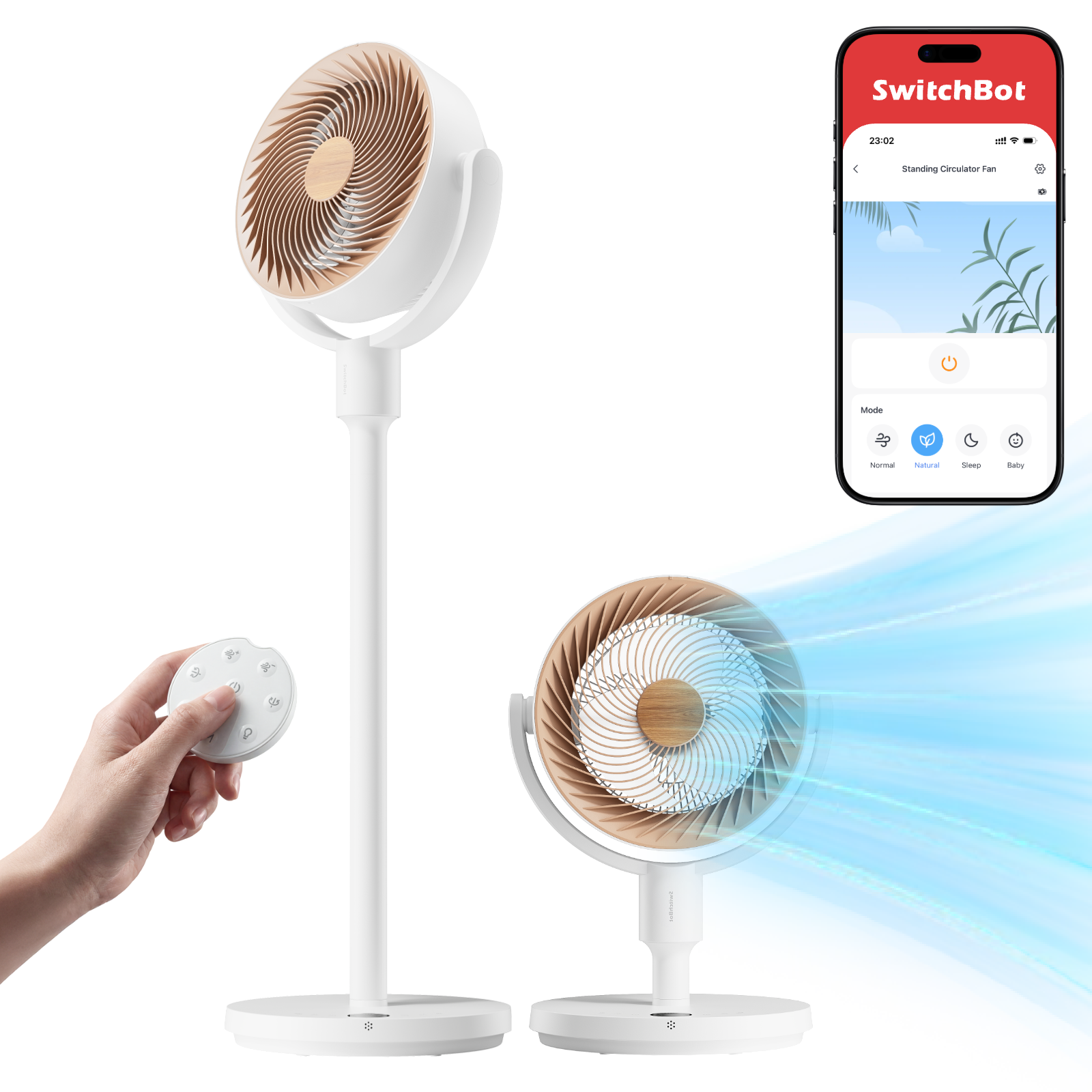 SwitchBot Standing Circulator Fan showing its standing and desk configurations; one fan is sold