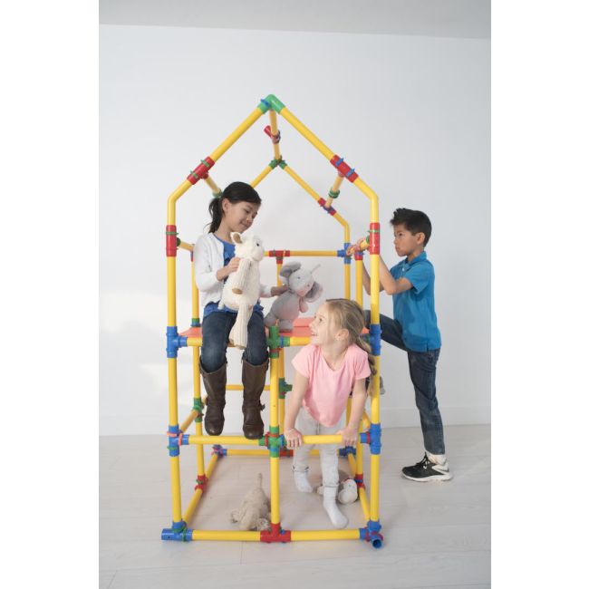 Example house built with the TubeLox Deluxe construction set; children and soft toys are not included
