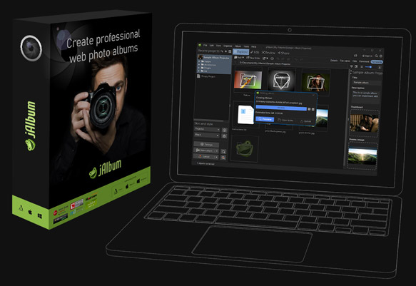 jAlbum desktop software box and photo-gallery application interface on a laptop