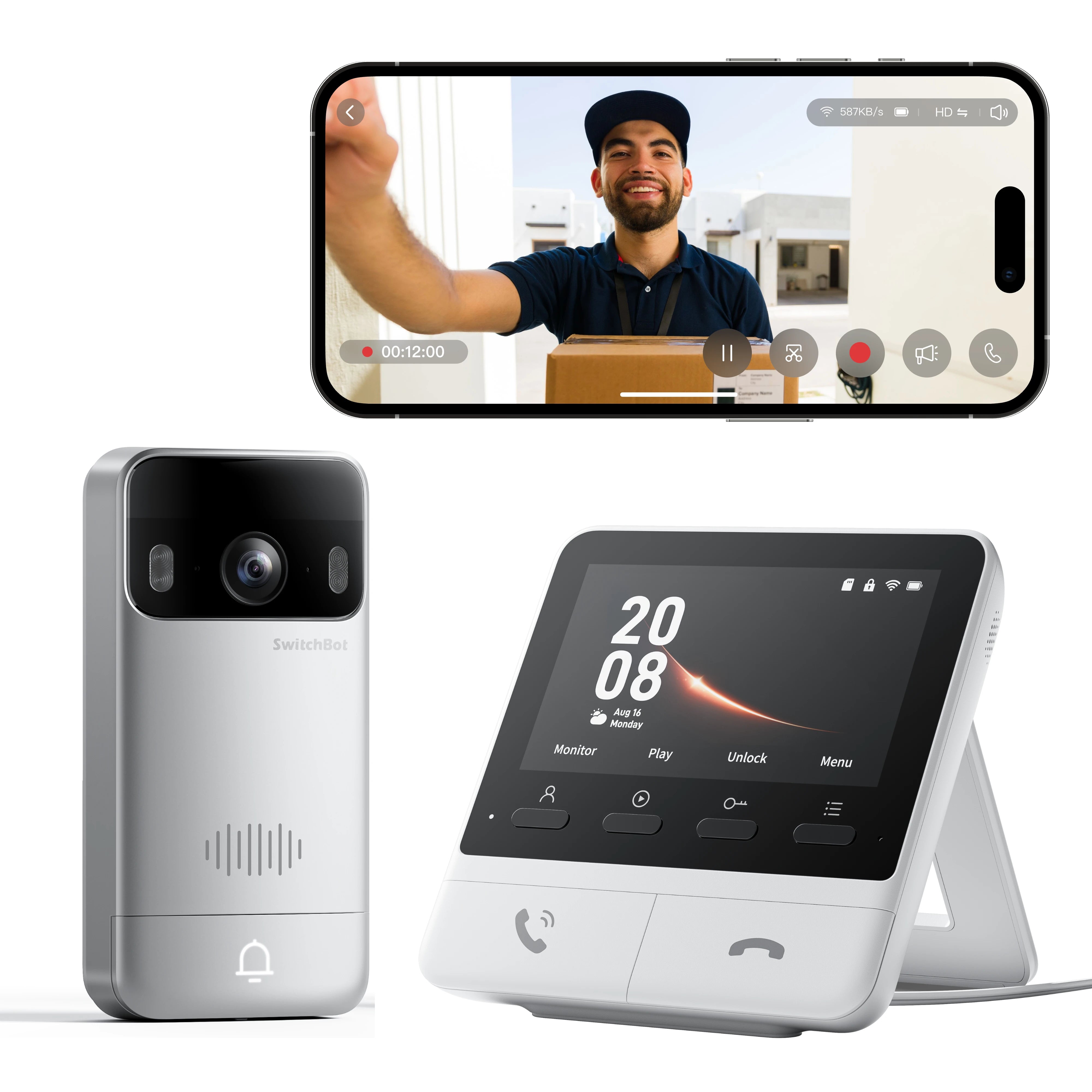 SwitchBot Smart Video Doorbell shown in the original merchant product photo. Any phone or app interface shown illustrates control; a phone is not included.