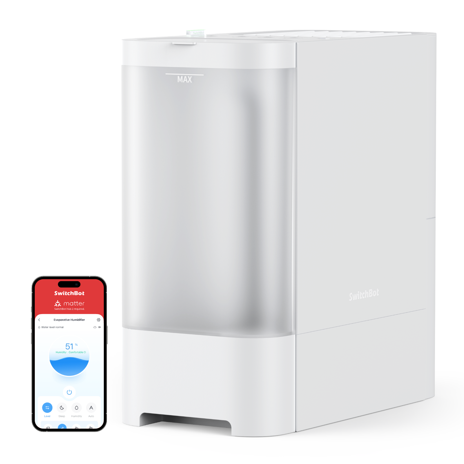 SwitchBot Evaporative Humidifier shown in the original merchant product photo. Any phone or app interface shown illustrates control; a phone is not included.