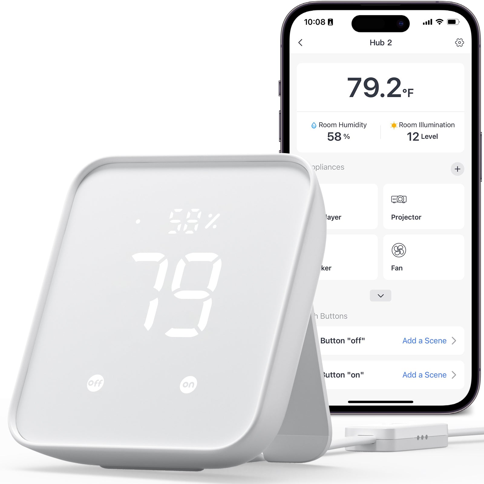 SwitchBot Hub 2 shown in the original merchant product photo. Any phone or app interface shown illustrates control; a phone is not included.