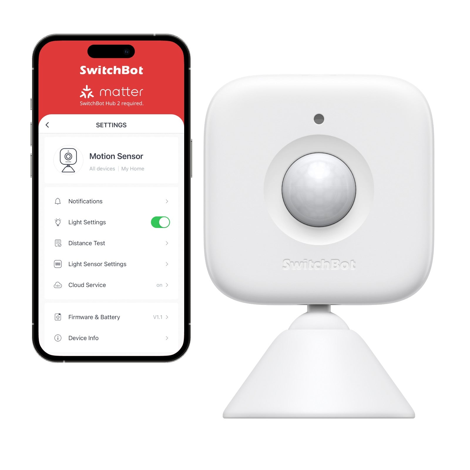 SwitchBot Motion Sensor shown in the original merchant product photo. Any phone or app interface shown illustrates control; a phone is not included.