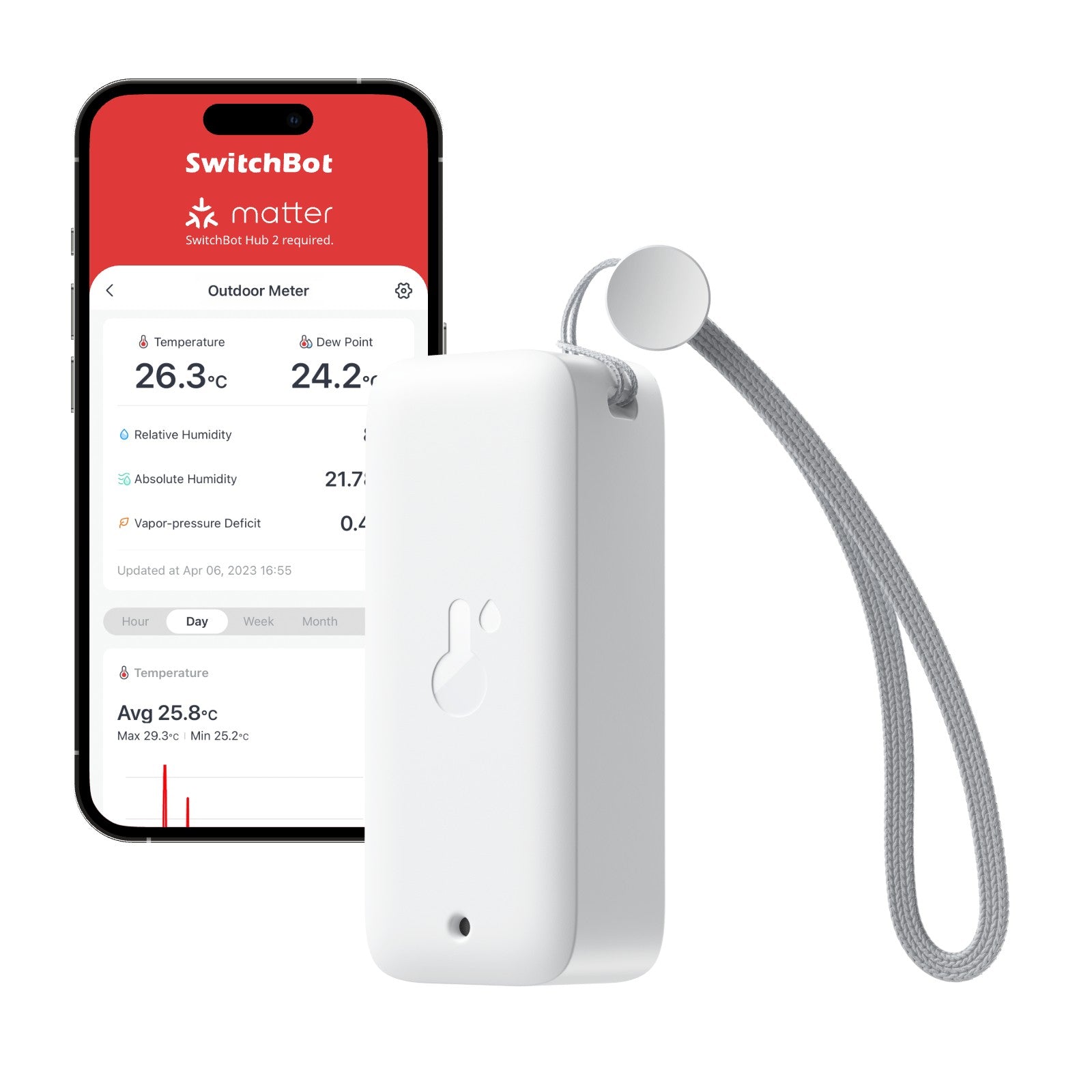SwitchBot Indoor/Outdoor Thermo-Hygrometer shown in the original merchant product photo. Any phone or app interface shown illustrates control; a phone is not included.