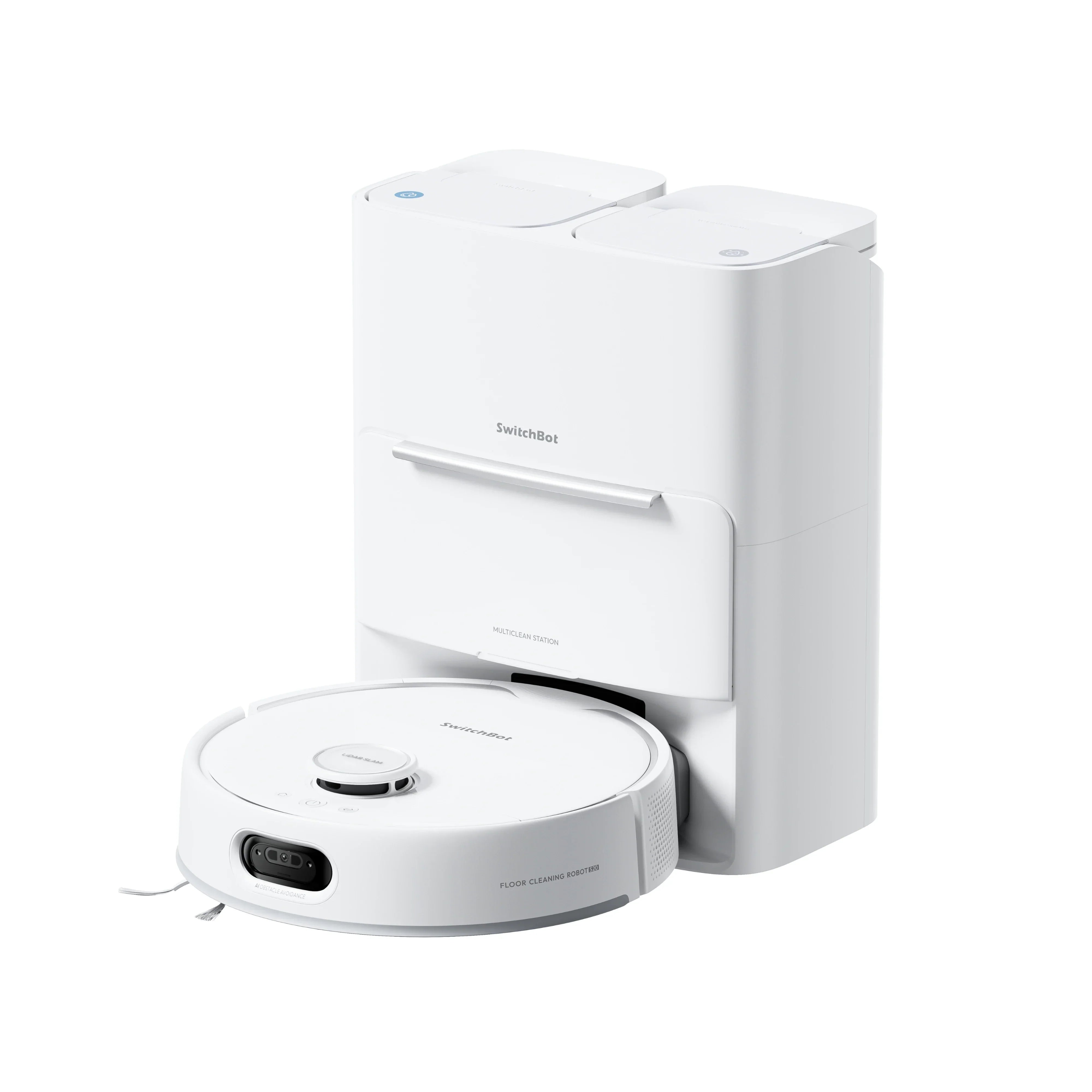 White SwitchBot S20 robot vacuum with its standard station