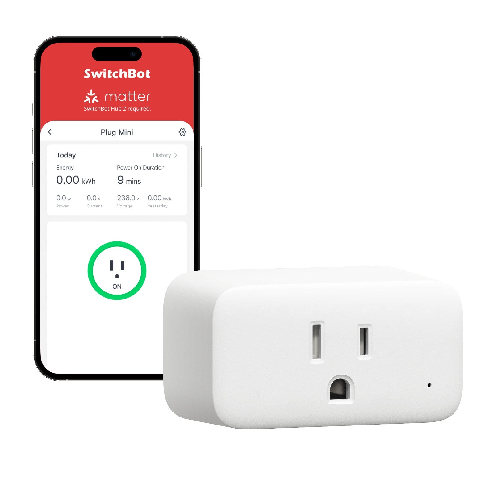 SwitchBot Plug Mini shown in the original merchant product photo. Any phone or app interface shown illustrates control; a phone is not included.