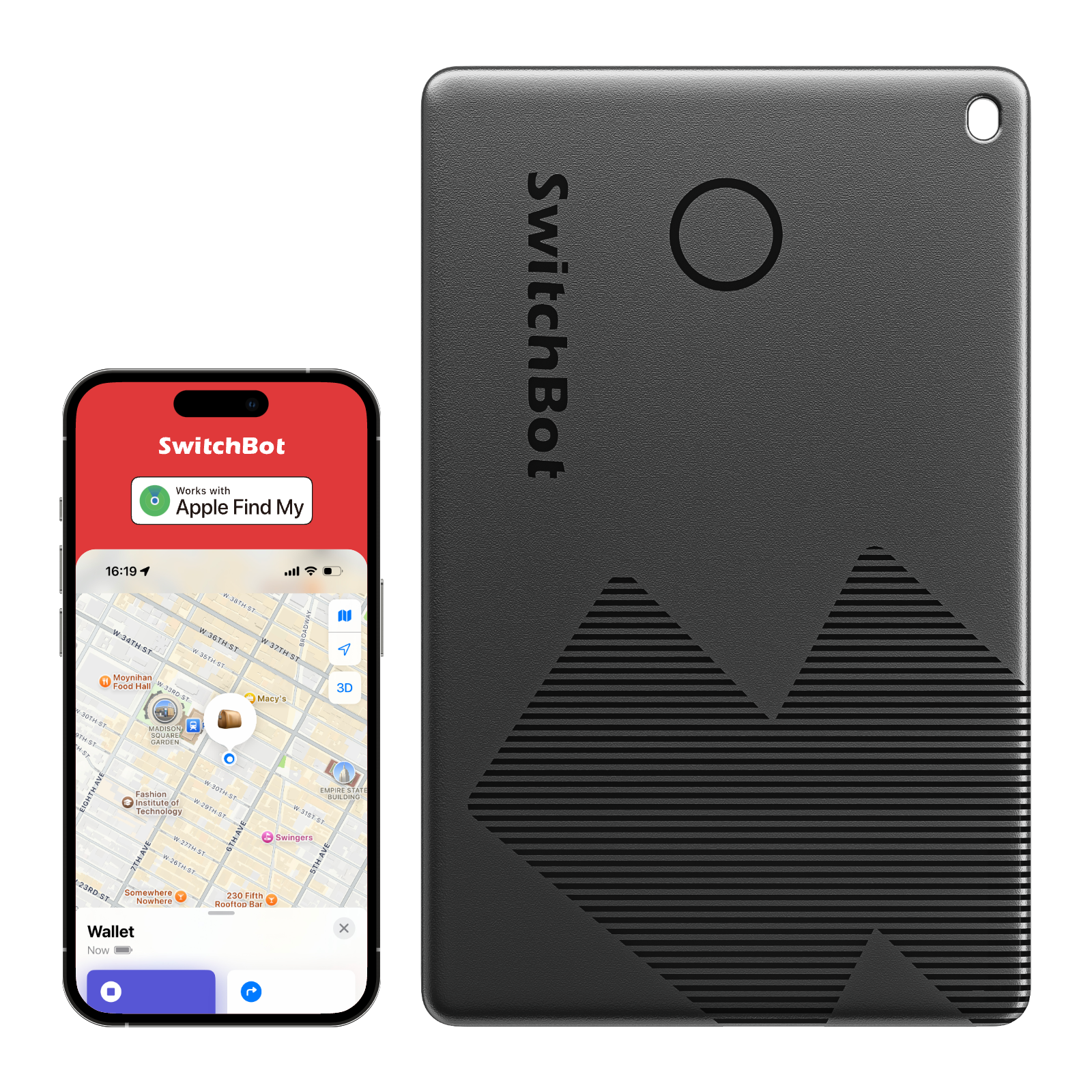 SwitchBot Wallet Finder Card shown in the original merchant product photo. Any phone or app interface shown illustrates control; a phone is not included.