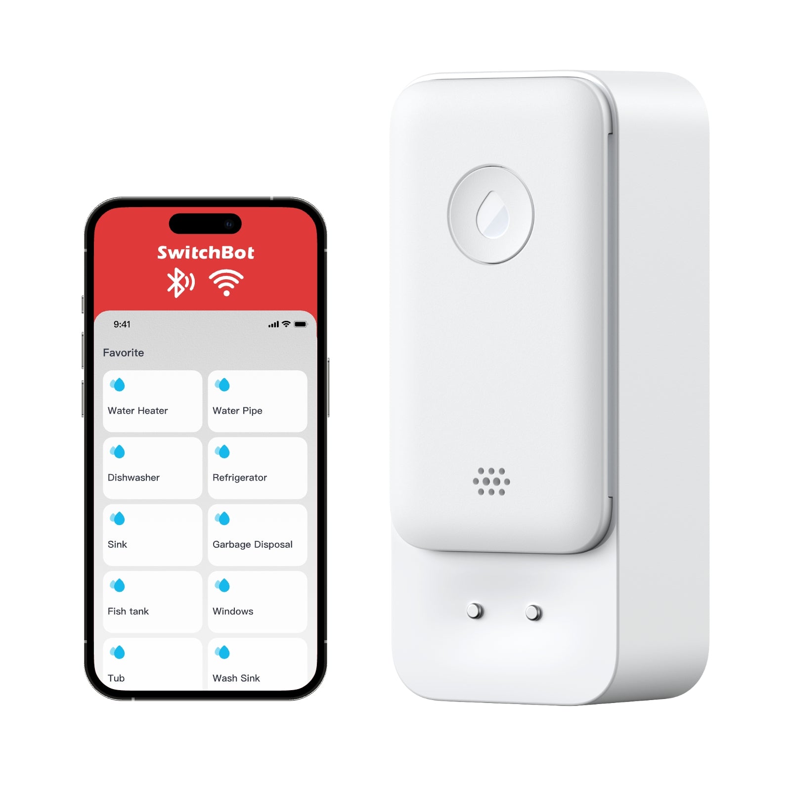 SwitchBot Water Leak Detector shown in the original merchant product photo. Any phone or app interface shown illustrates control; a phone is not included.