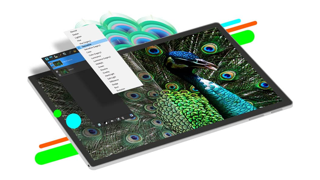 PaintShop Pro 2023 interface demonstrating blend-mode selection on a peacock image