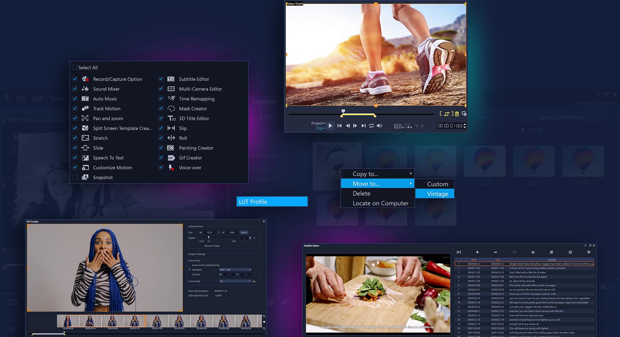 VideoStudio Ultimate 2023 interface examples for editing, subtitles and GIF creation