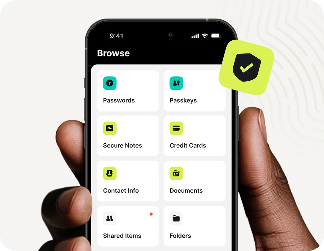 NordPass mobile vault displaying passwords, passkeys, secure notes and card sections